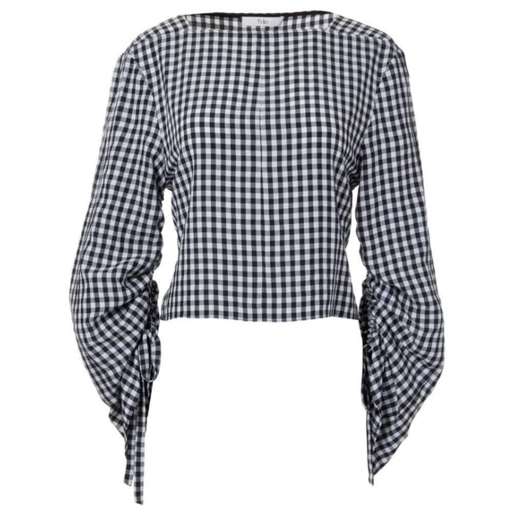 TIBI Gingham Black & White Check Ruched Tie Sleeve Boatneck Blouse Top